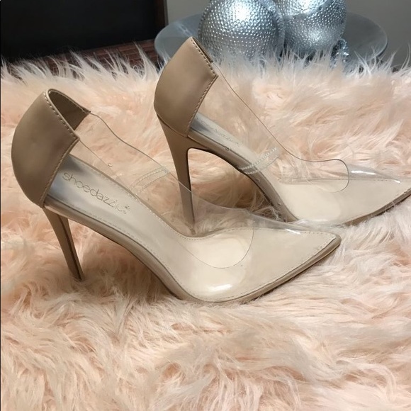 Shoe Dazzle Shoes - Shoe Dazzle Clear and Tan Heels